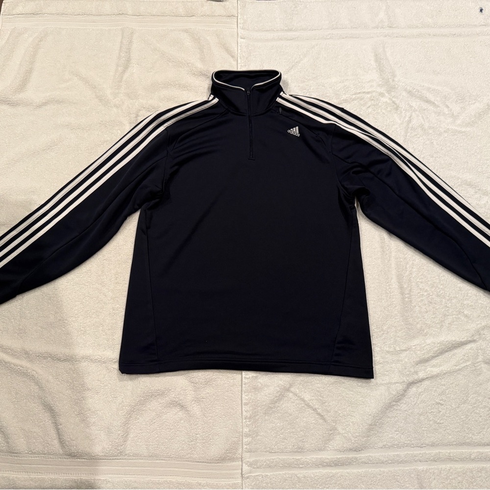 Vintage Mens Adidas 1/4 Zip L/S Shirt Embroidered Logo w/3 Stripes, Navy, Large